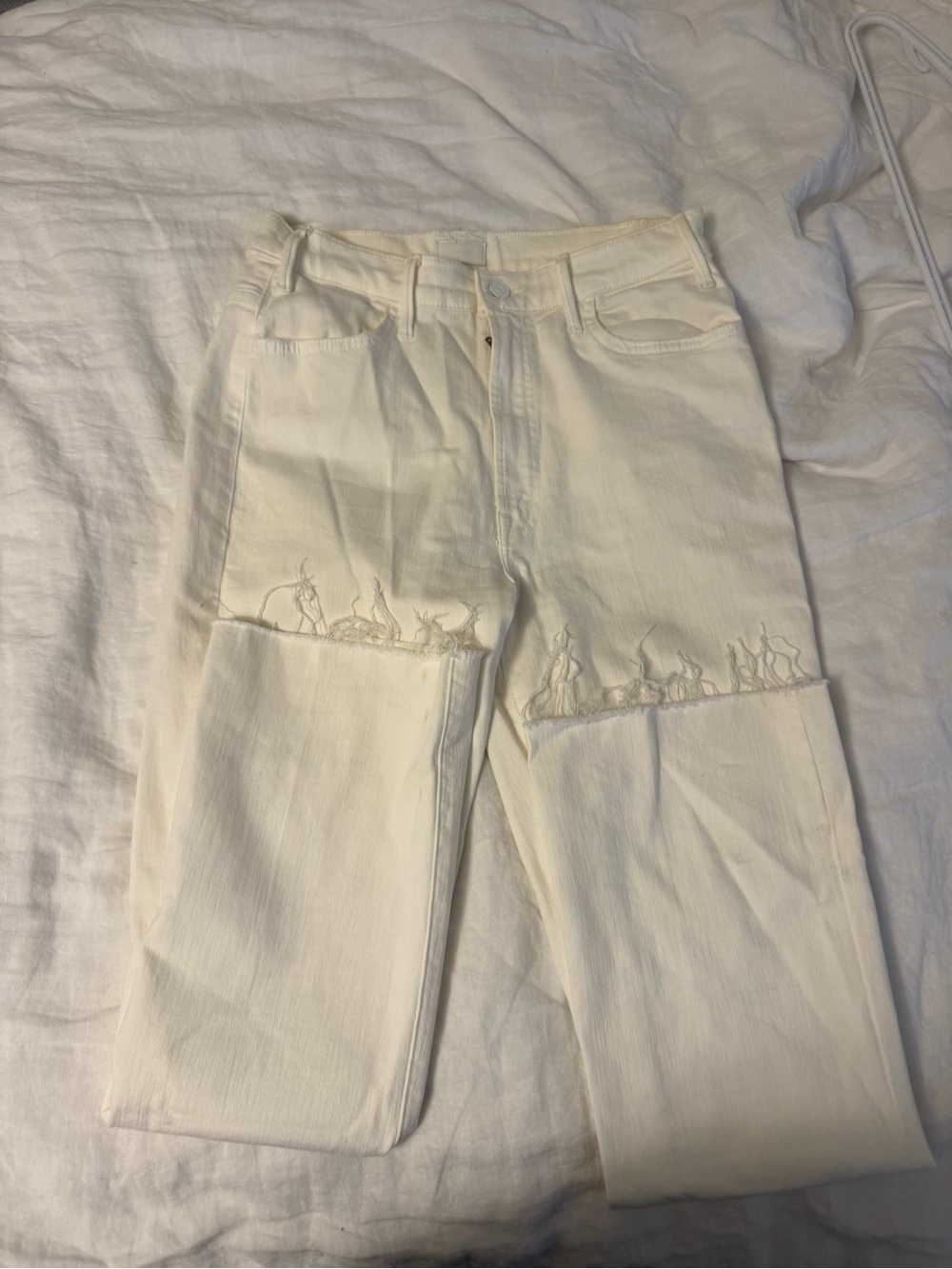 MOTHER High-Rise White Distressed Straight Jeans